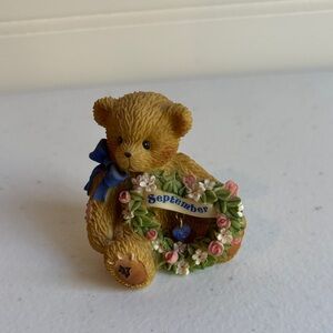 Cherished Teddies September Bear with Blue Bow and Floral Wreath